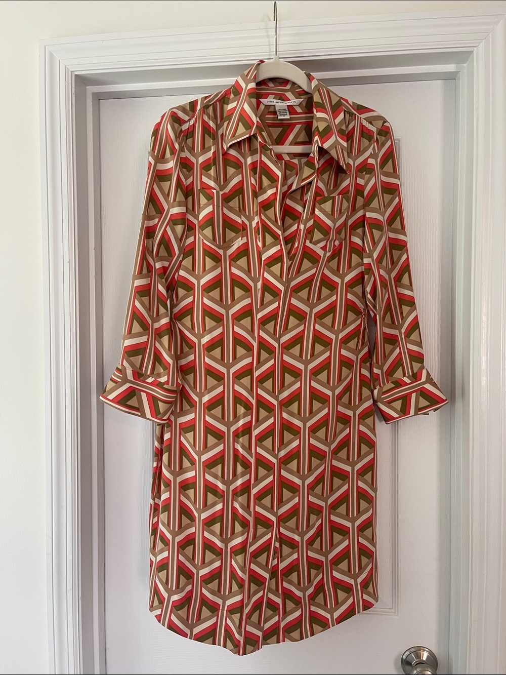 Diane Von Furstenberg Geometric Shift Dress in Red & Brown
